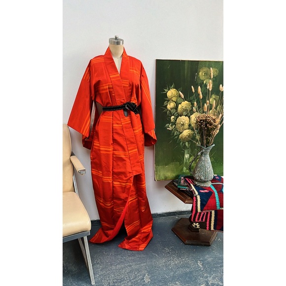 Vintage Silk kimono orange horizontal stripes - Picture 3 of 11